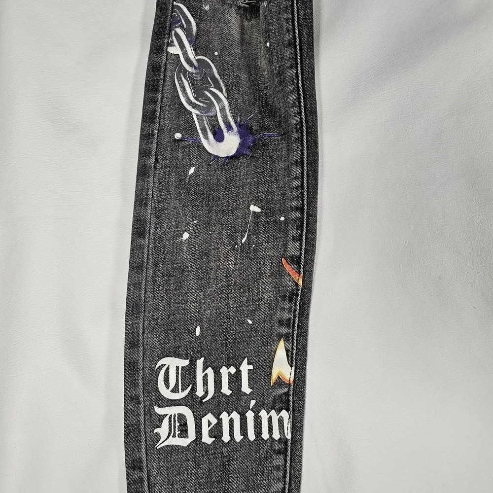 THRT Stacked Skinny Jeans‎ Mens 28x30 Black Graphic Flame Distressed Y2K